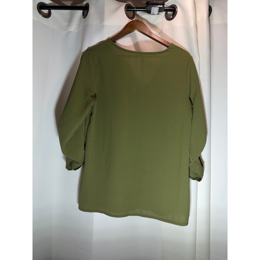 Olive Green V-Neck Button Front Roll Tab Sleeve Blouse Womens Medium - Picture 2 of 3